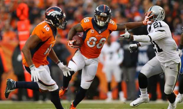 DENVER, CO - JANUARY 1:  Wide receiver Demaryius Thomas #88 of the Denver Broncos catches a pass an...