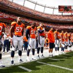 DENVER, CO - OCTOBER 1:  Denver Broncos players stand during the national anthem before a game against the Oakland Raiders at Sports Authority Field at Mile High on October 1, 2017 in Denver, Colorado. (Photo by Justin Edmonds/Getty Images)