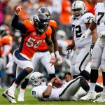 DENVER, CO - OCTOBER 1:  Outside linebacker Von Miller #58 of the Denver Broncos celebrates after sacking quarterback EJ Manuel #3 of the Oakland Raiders in the fourth quarter of a game at Sports Authority Field at Mile High on October 1, 2017 in Denver, Colorado. (Photo by Justin Edmonds/Getty Images)