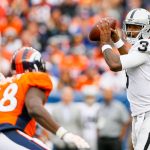 DENVER, CO - OCTOBER 1:  Quarterback EJ Manuel #3 of the Oakland Raiders looks to pass against the Denver Broncos in the third quarter of a game at Sports Authority Field at Mile High on October 1, 2017 in Denver, Colorado. (Photo by Justin Edmonds/Getty Images)
