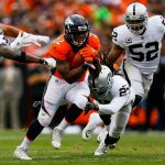 DENVER, CO - OCTOBER 1:  Running back C.J. Anderson #22 of the Denver Broncos rushes against the Oakland Raiders during a game at Sports Authority Field at Mile High on October 1, 2017 in Denver, Colorado. (Photo by Justin Edmonds/Getty Images)