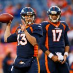 DENVER, CO - OCTOBER 15:  Quarterback Trevor Siemian #13 of the Denver Broncos warms up as backup Quarterback Brock Osweiler #17 of the Denver Broncos looks on before a game against the New York Giants at Sports Authority Field at Mile High on October 15, 2017 in Denver, Colorado. (Photo by Justin Edmonds/Getty Images)