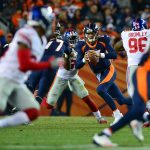 DENVER, CO - OCTOBER 15:  Quarterback Brock Osweiler #17 of the Denver Broncos moves out of the pocket against the New York Giants in the second quarter of a game at Sports Authority Field at Mile High on October 15, 2017 in Denver, Colorado. (Photo by Dustin Bradford/Getty Images)