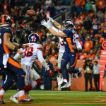 DENVER, CO - OCTOBER 15:  Tight end Jeff Heuerman #82 of the Denver Broncos leaps and makes a catch for a fourth quarter touchdown against the New York Giants at Sports Authority Field at Mile High on October 15, 2017 in Denver, Colorado. (Photo by Dustin Bradford/Getty Images)