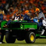 DENVER, CO - OCTOBER 15:  Wide receiver Isaiah McKenzie #84 of the Denver Broncos is carted off the field after injuring his ankle during the fourth quarter against the New York Giants at Sports Authority Field at Mile High on October 15, 2017 in Denver, Colorado. The Giants defeated the Broncos 23-10. (Photo by Justin Edmonds/Getty Images)