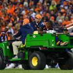 DENVER, CO - OCTOBER 15: Wide receiver Isaiah McKenzie #84 of the Denver Broncos is carted off the field after sustaining an injury in the fourth quarter of a game against the New York Giants at Sports Authority Field at Mile High on October 15, 2017 in Denver, Colorado. (Photo by Dustin Bradford/Getty Images)