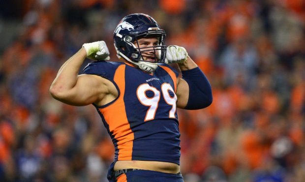 DENVER, CO - OCTOBER 15:  Defensive end Adam Gotsis #99 of the Denver Broncos celebrates a sack aga...