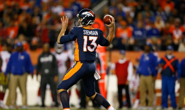DENVER, CO - OCTOBER 15:  Quarterback Trevor Siemian #13 of the Denver Broncos throws a pass during...