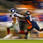 DENVER, CO - OCTOBER 15:  Tight end Evan Engram #88 of the New York Giants runs towards the sidelines while being chased by Inside Linebacker Todd Davis #51 of the Denver Broncos during the third quarter at Sports Authority Field at Mile High on October 15, 2017 in Denver, Colorado. The Giants defeated the Broncos 23-10. (Photo by Justin Edmonds/Getty Images)