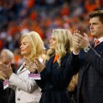 DENVER, CO - OCTOBER 15:  (L-R) Wife of Denver Broncos owner Pat Bowlen Annabel Bowlen, Annabel Bowlen and her husband Charles Mains clap from the sidelines before a game against the New York Giants at Sports Authority Field at Mile High on October 15, 2017 in Denver, Colorado. (Photo by Justin Edmonds/Getty Images)