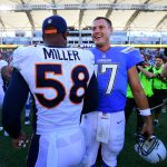 CARSON, CA - OCTOBER 22:  Philip Rivers #17 of the Los Angeles Chargers shakes hands with Von Miller #58 of the Denver Broncos after a 21-0 win over the Denver Broncos at StubHub Center on October 22, 2017 in Carson, California.  (Photo by Harry How/Getty Images)
