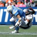 CARSON, CA - OCTOBER 22:  Domata Peko #94 of the Denver Broncos sacks quarterback Philip Rivers #17 of the Los Angeles Chargers during the third quarter of the game at the StubHub Center on October 22, 2017 in Carson, California.  (Photo by Jeff Gross/Getty Images)