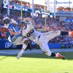 CARSON, CA - OCTOBER 22:  Adrian Phillips #31 of the Los Angeles Chargers attempts an interception on a pass to A.J. Derby #83 of the Denver Broncos during the third quarter at StubHub Center on October 22, 2017 in Carson, California.  (Photo by Harry How/Getty Images)