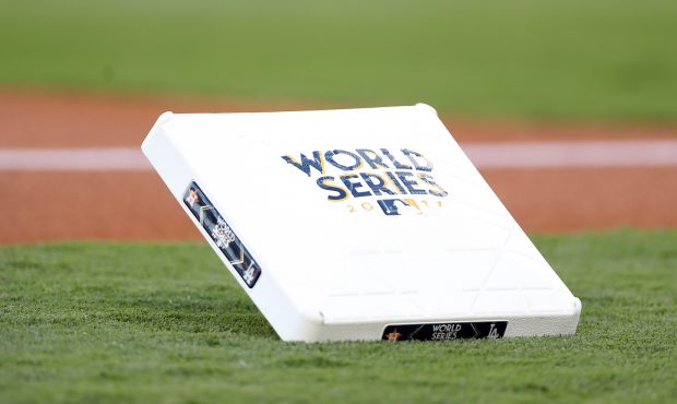 A detail of a 2017 World Series base before game two of the 2017 World Series between the Houston A...