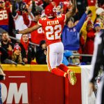 KANSAS CITY, MO - OCTOBER 30: Cornerback Marcus Peters #22 of the Kansas City Chiefs goes up to dunk the football over the goal post after returning a fumble for a touchdown against the Denver Broncos during the first quarter of the game at Arrowhead Stadium on October 30, 2017 in Kansas City, Missouri. ( Photo by Jamie Squire/Getty Images )