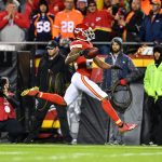 KANSAS CITY, MO - OCTOBER 30: Cornerback Marcus Peters #22 of the Kansas City Chiefs high steps after returning a fumble on his way to a touchdown against the Denver Broncos during the first quarter of the game at Arrowhead Stadium on October 30, 2017 in Kansas City, Missouri. ( Photo by Jamie Squire/Getty Images )