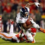 KANSAS CITY, MO - OCTOBER 30:  Wide receiver Bennie Fowler #16 of the Denver Broncos is tackled by free safety Ron Parker #38 of the Kansas City Chiefs during the game at Arrowhead Stadium on October 30, 2017 in Kansas City, Missouri.  (Photo by Jamie Squire/Getty Images)