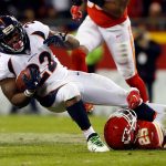 KANSAS CITY, MO - OCTOBER 30:  Running back C.J. Anderson #22 of the Denver Broncos is tackled by cornerback Kenneth Acker #25 of the Kansas City Chiefs during the game at Arrowhead Stadium on October 30, 2017 in Kansas City, Missouri.  (Photo by Jamie Squire/Getty Images)