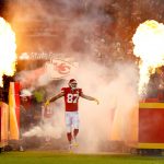KANSAS CITY, MO - OCTOBER 30:  Tight end Travis Kelce #87 of the Kansas City Chiefs is introduced ahead of the game against the Denver Broncos at Arrowhead Stadium on October 30, 2017 in Kansas City, Missouri.  (Photo by Jamie Squire/Getty Images)