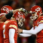 KANSAS CITY, MO - OCTOBER 30:  Kicker Harrison Butker #7 of the Kansas City Chiefs is congratulaed by punter Dustin Colquitt #2 and offensive tackle Eric Fisher #72 after making a field goal during the game against the Denver Broncos at Arrowhead Stadium on October 30, 2017 in Kansas City, Missouri.  (Photo by Peter Aiken/Getty Images)