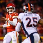 KANSAS CITY, MO - OCTOBER 30: Quarterback Alex Smith #11 of the Kansas City Chiefs is pressured out of the pocket by cornerback Chris Harris #25 of the Denver Broncos during the fourth quarter of the game at Arrowhead Stadium on October 30, 2017 in Kansas City, Missouri. ( Photo by Jason Hanna/Getty Images )
