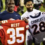 KANSAS CITY, MO - OCTOBER 30: Running back Charcandrick West #35 of the Kansas City Chiefs and running back Jamaal Charles #28 of the Denver Broncos exchange jerseys following the game at Arrowhead Stadium on October 30, 2017 in Kansas City, Missouri. ( Photo by Jason Hanna/Getty Images )