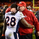 KANSAS CITY, MO - OCTOBER 30: Head coach Andy Reid of the Kansas City Chiefs hugs his former player, and current running back of the Denver Broncos, Jamaal Charles #28 following the game at Arrowhead Stadium on October 30, 2017 in Kansas City, Missouri. ( Photo by Jason Hanna/Getty Images )