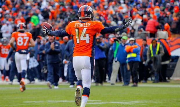 DENVER, CO - JANUARY 12:  Brandon Stokley #14 of the Denver Broncos reacts after he scored a 15-yar...