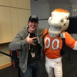 "Stokley & Zach" co-host Zach Bye and Broncos mascot "Miles" at Drive for Live 20.