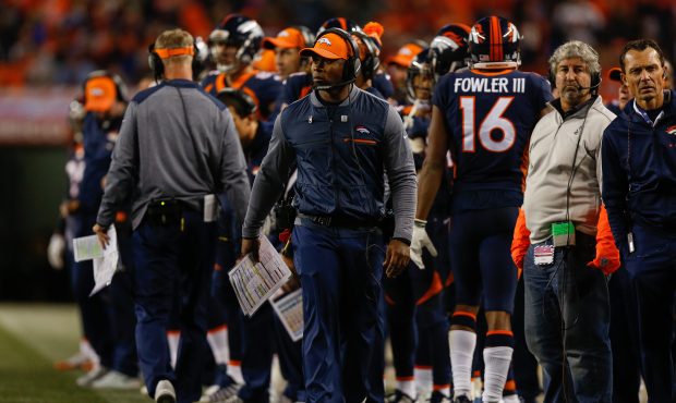 DENVER, CO - OCTOBER 15:  Head coach Vance Joseph of the Denver Broncos walks on the field during t...