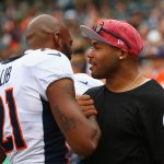 PHILADELPHIA, PA - NOVEMBER 05: Cornerback Aqib Talib #21 of the Denver Broncos greets Steve Smith, former NFL wide receiver before to the game against the Philadelphia Eagles at Lincoln Financial Field on November 5, 2017 in Philadelphia, Pennsylvania.  (Photo by Mitchell Leff/Getty Images)