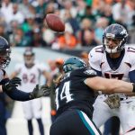 PHILADELPHIA, PA - NOVEMBER 05:  Quarterback Brock Osweiler #17 of the Denver Broncos fumbles the ball as he is sacked by defensive tackle Beau Allen #94  of the Philadelphia Eagles during the third quarter at Lincoln Financial Field on November 5, 2017 in Philadelphia, Pennsylvania.  (Photo by Joe Robbins/Getty Images)