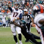 PHILADELPHIA, PA - NOVEMBER 05:  Quarterback Brock Osweiler #17 of the Denver Broncos throws a pass strong safety Malcolm Jenkins #27 of the Philadelphia Eagles against during the fourth quarter at Lincoln Financial Field on November 5, 2017 in Philadelphia, Pennsylvania.  (Photo by Joe Robbins/Getty Images)