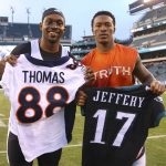 PHILADELPHIA, PA - NOVEMBER 5: Alshon Jeffery #17 of the Philadelphia Eagles and Demaryius Thomas #88 of the Denver Broncos pose for a picture after they exchange jerseys after the game at Lincoln Financial Field on November 5, 2017 in Philadelphia, Pennsylvania. The Eagles defeated the Broncos 51-23. (Photo by Mitchell Leff/Getty Images)