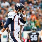 PHILADELPHIA, PA - NOVEMBER 05:  Quarterback Brock Osweiler #17 of the Denver Broncos reacts against the Philadelphia Eagles during the first quarter at Lincoln Financial Field on November 5, 2017 in Philadelphia, Pennsylvania.  The Philadelphia Eagles won 51-23. (Photo by Mitchell Leff/Getty Images)