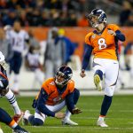 DENVER, CO - NOVEMBER 12:  Kicker Brandon McManus #8 of the Denver Broncos kicks a second quarter field goal against the New England Patriots at Sports Authority Field at Mile High on November 12, 2017 in Denver, Colorado. (Photo by Justin Edmonds/Getty Images)