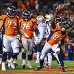 DENVER, CO - NOVEMBER 12:  Wide receiver Demaryius Thomas #88 of the Denver Broncos celebrates after scoring a third quarter touchdown against the New England Patriots at Sports Authority Field at Mile High on November 12, 2017 in Denver, Colorado. (Photo by Dustin Bradford/Getty Images)