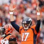 DENVER, CO - NOVEMBER 19:  Quarterback Brock Osweiler #17 of the Denver Broncos celebrates after a first quarter Denver Broncos touchdown against the Cincinnati Bengals at Sports Authority Field at Mile High on November 19, 2017 in Denver, Colorado. (Photo by Matthew Stockman/Getty Images)