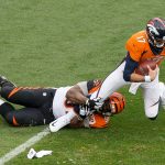 DENVER, CO - NOVEMBER 19:  Quarterback Brock Osweiler #17 of the Denver Broncos is tackled by defensive tackle Geno Atkins #97 of the Cincinnati Bengals in the first quarter of a game at Sports Authority Field at Mile High on November 19, 2017 in Denver, Colorado. (Photo by Justin Edmonds/Getty Images)