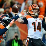 DENVER, CO - NOVEMBER 19:  Quarterback Andy Dalton #14 of the Cincinnati Bengals passes under pressure by outside linebacker Von Miller #58 of the Denver Broncos at Sports Authority Field at Mile High on November 19, 2017 in Denver, Colorado. (Photo by Dustin Bradford/Getty Images)