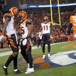 DENVER, CO - NOVEMBER 19:  A.J. Green #18 and Giovani Bernard #25 of the Cincinnati Bengals celebrate Green's touchdown against the Denver Broncos at Sports Authority Field at Mile High on November 19, 2017 in Denver, Colorado.  (Photo by Matthew Stockman/Getty Images)