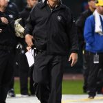 Head coach Jack Del Rio of the Oakland Raiders looks on during their NFL game against the Denver Broncos at Oakland-Alameda County Coliseum on November 26, 2017 in Oakland, California.  (Photo by Robert Reiners/Getty Images)