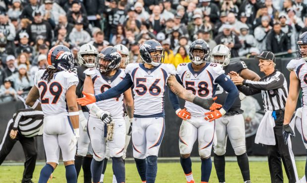 Denver Broncos outside linebacker Shane Ray (56) expresses his feelings about a penalty during the ...