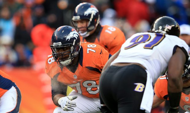Ryan Clady #78 of the Denver Broncos gets set to block against the Baltimore Ravens during the AFC ...