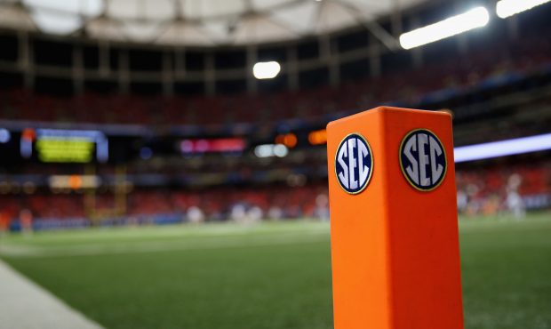 An 'SEC' logo is seen on an end zone pylon before the Missouri Tigers take on the Auburn Tigers dur...