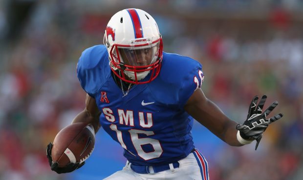 Courtland Sutton #16 of the Southern Methodist Mustangs scores a touchdown agains the Baylor Bears ...