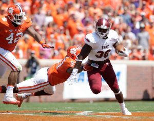 Jordan Chunn #38 of the Troy Trojans rushes during the game against the Clemson Tigers at Memorial Stadium on September 10, 2016 in Clemson, South Carolina. (Photo by Tyler Smith/Getty Images)