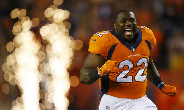 Running back C.J. Anderson #22 of the Denver Broncos is introduced to the game abasing the Los Ange...