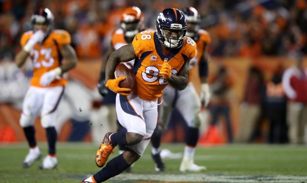 DENVER, CO - NOVEMBER 19:  Demaryius Thomas #88 of the Denver Broncos carrires the ball after makin...