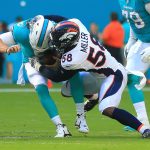 Von Miller #58 of the Denver Broncos sacks Jay Cutler #6 of the Miami Dolphins during the first quarter against the Miami Dolphins at the Hard Rock Stadium on December 3, 2017 in Miami Gardens, Florida.  (Photo by Chris Trotman/Getty Images)